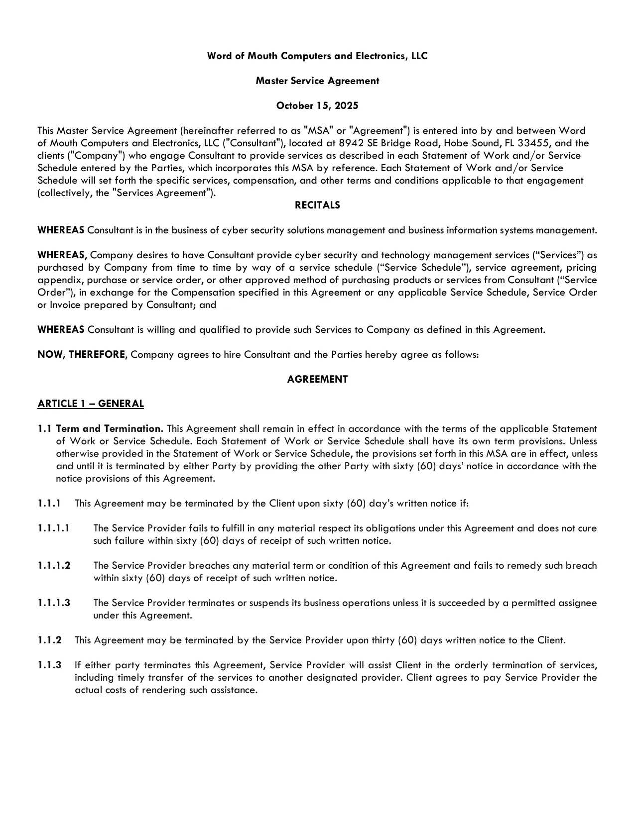 Master Service Agreement, page 1 of 11